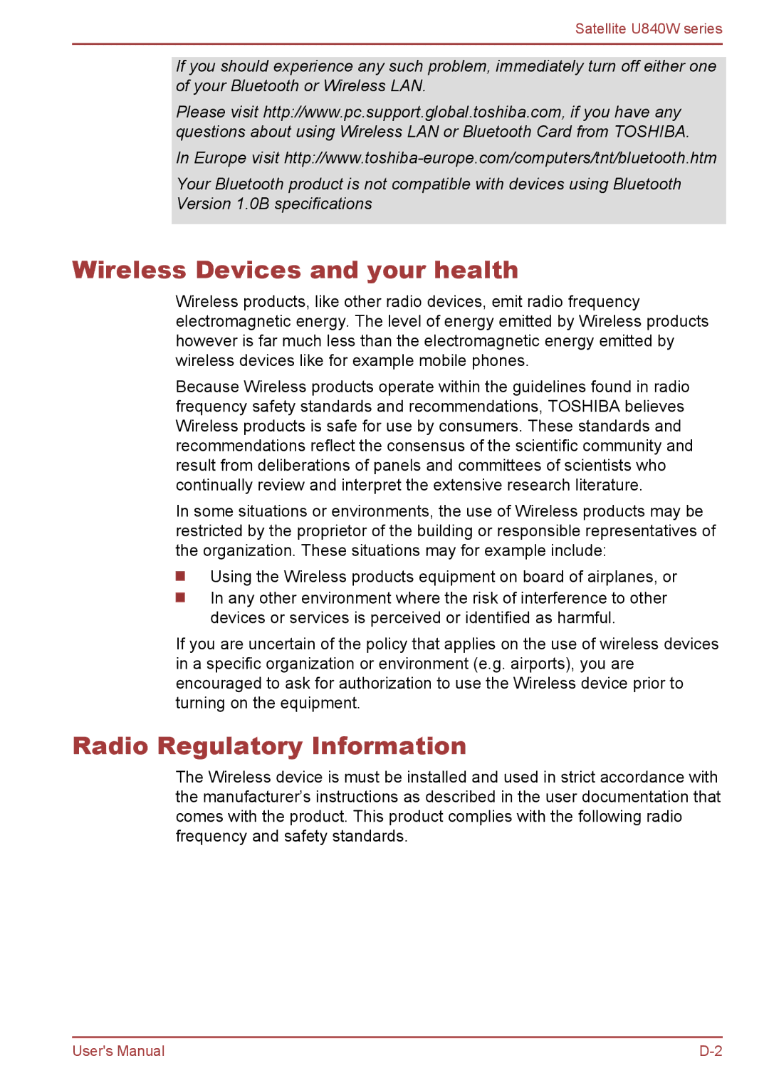 Toshiba Satellite U840W user manual Wireless Devices and your health, Radio Regulatory Information 