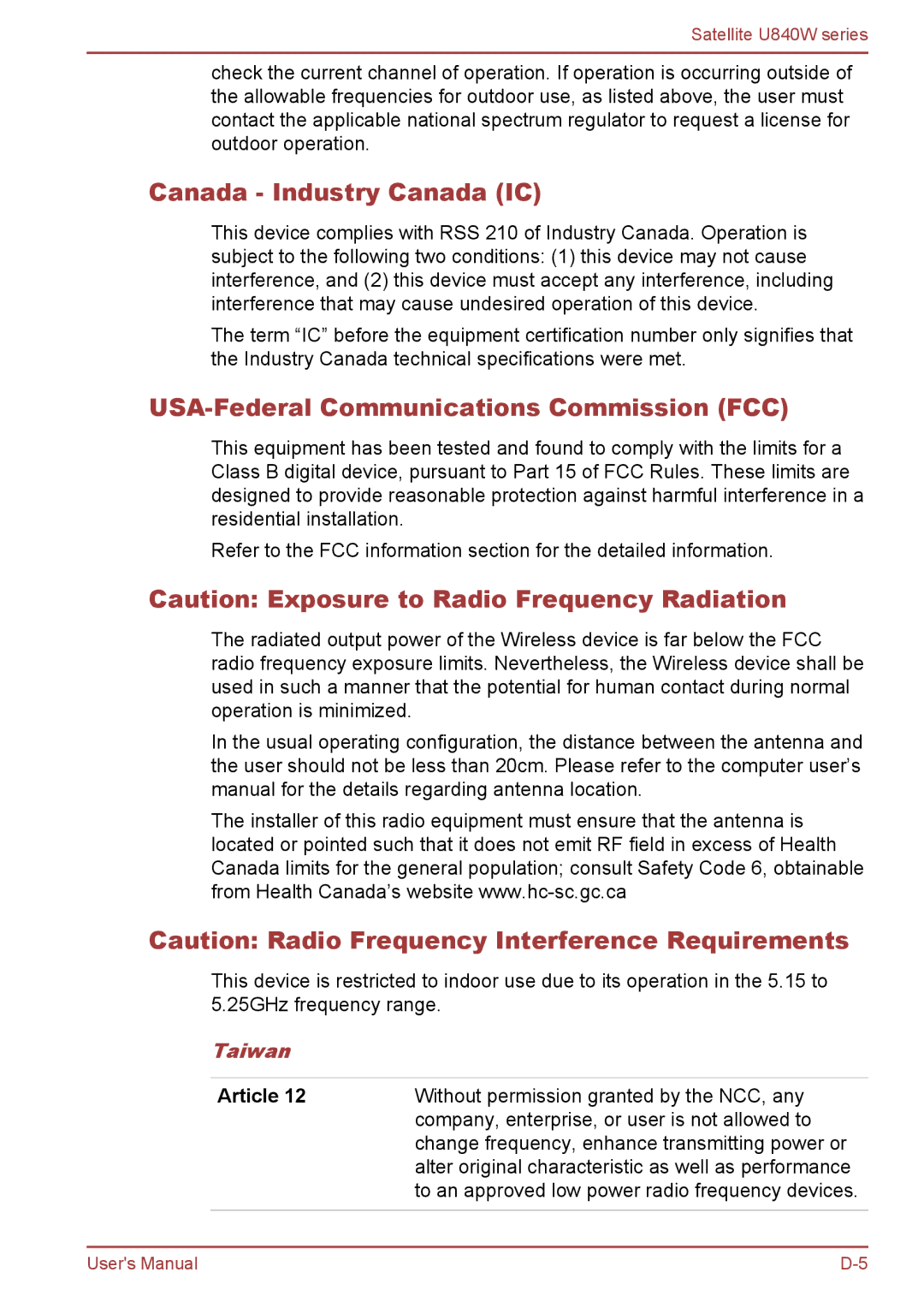 Toshiba Satellite U840W user manual Canada Industry Canada IC, USA-Federal Communications Commission FCC, Taiwan, Article 