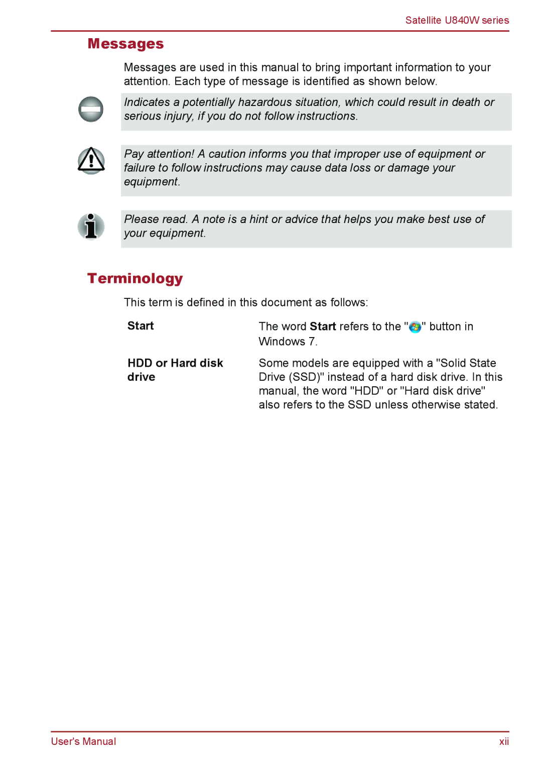 Toshiba Satellite U840W user manual Messages, Terminology, Start Word Start refers to the button 