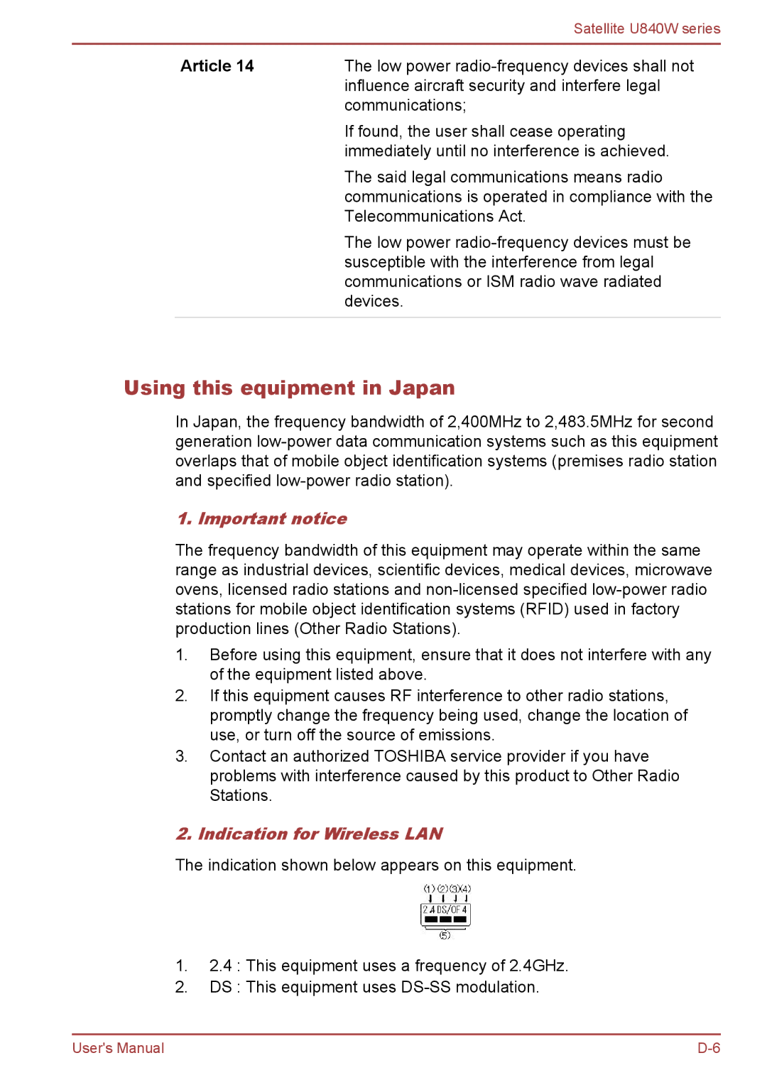 Toshiba Satellite U840W user manual Using this equipment in Japan, Important notice, Indication for Wireless LAN 