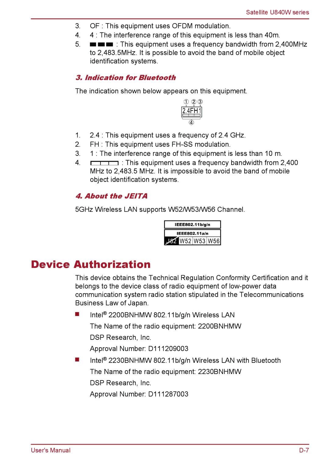 Toshiba Satellite U840W user manual Device Authorization, Indication for Bluetooth, About the Jeita 