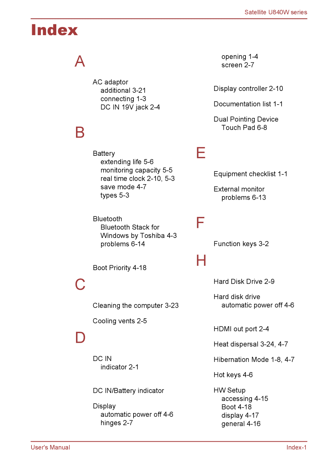 Toshiba Satellite U840W user manual Index 