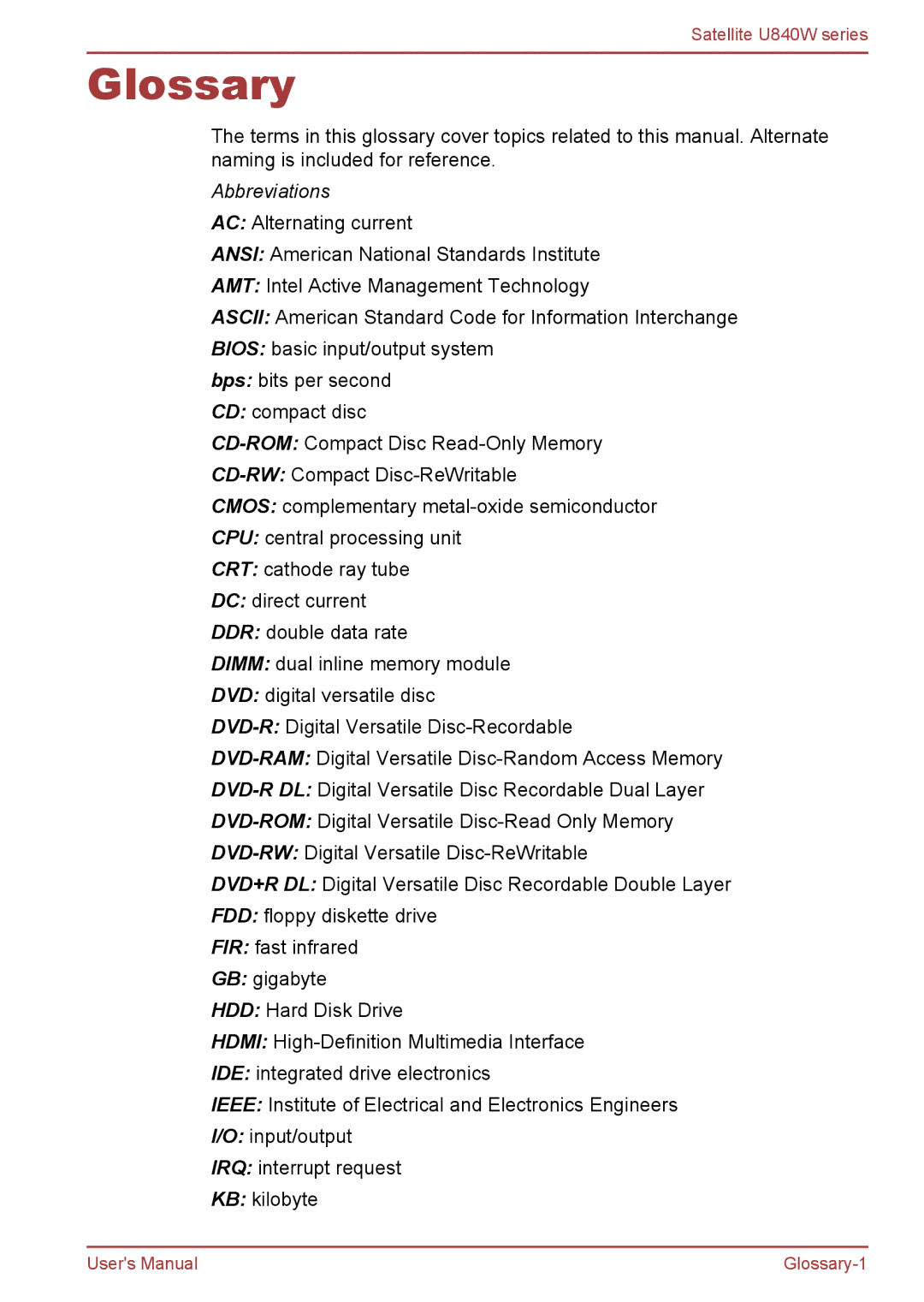 Toshiba Satellite U840W user manual Glossary, Abbreviations 