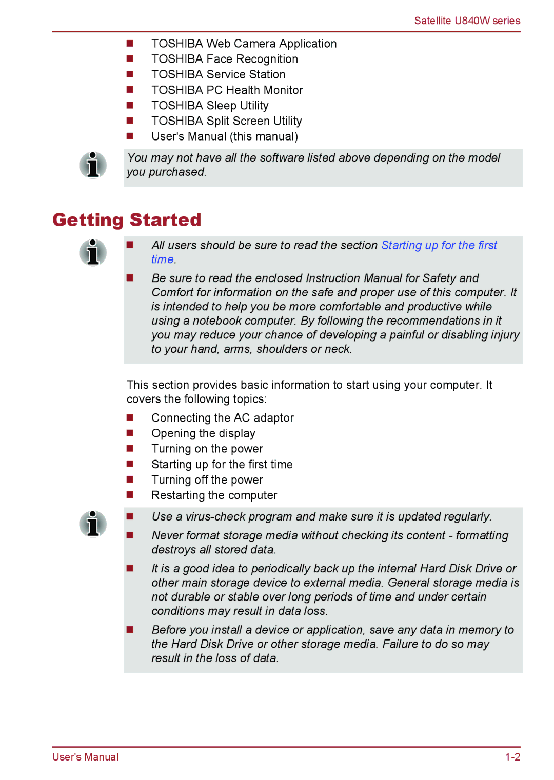 Toshiba Satellite U840W user manual Getting Started 