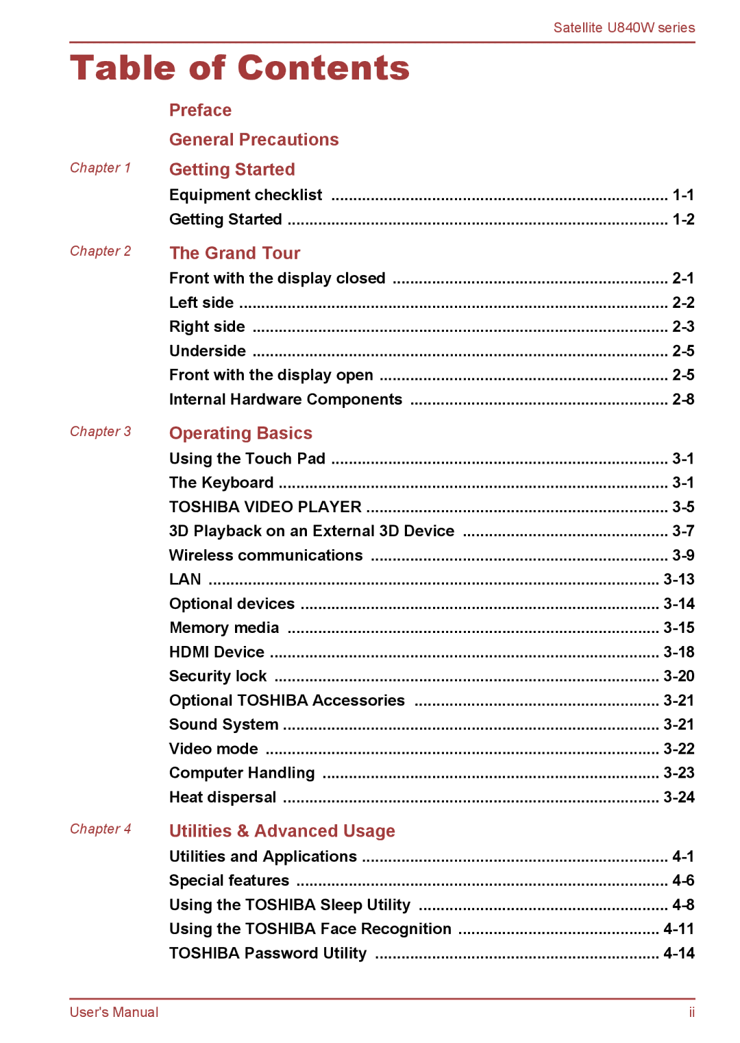 Toshiba Satellite U840W user manual Table of Contents 