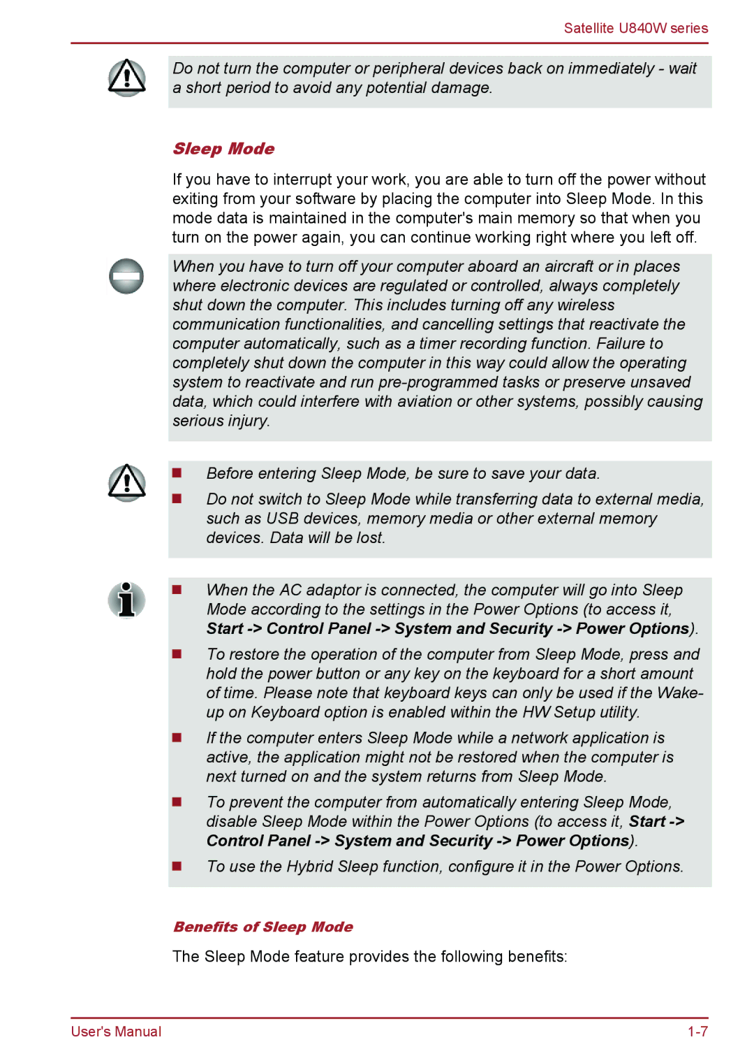 Toshiba Satellite U840W user manual Sleep Mode 