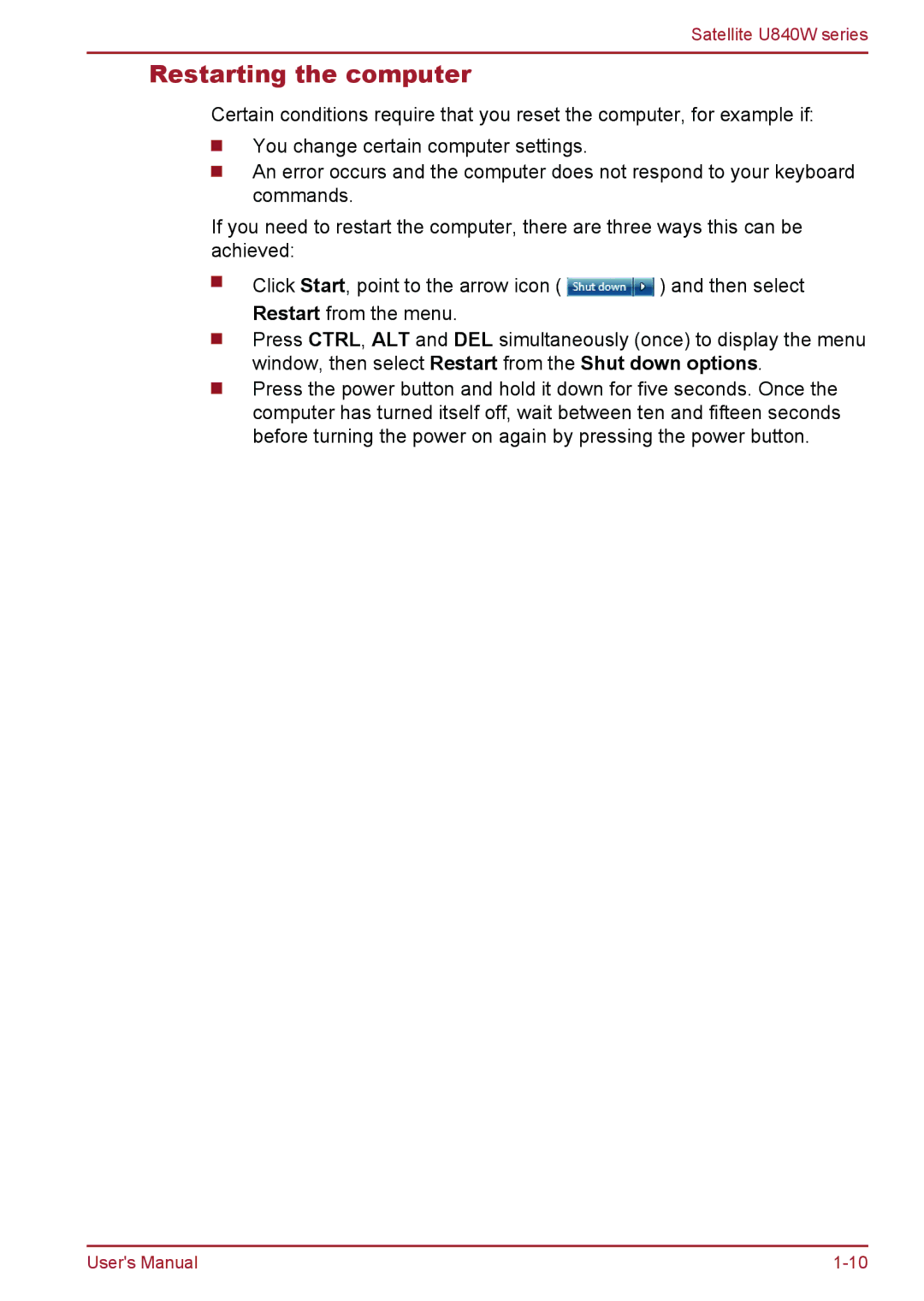 Toshiba Satellite U840W user manual Restarting the computer 