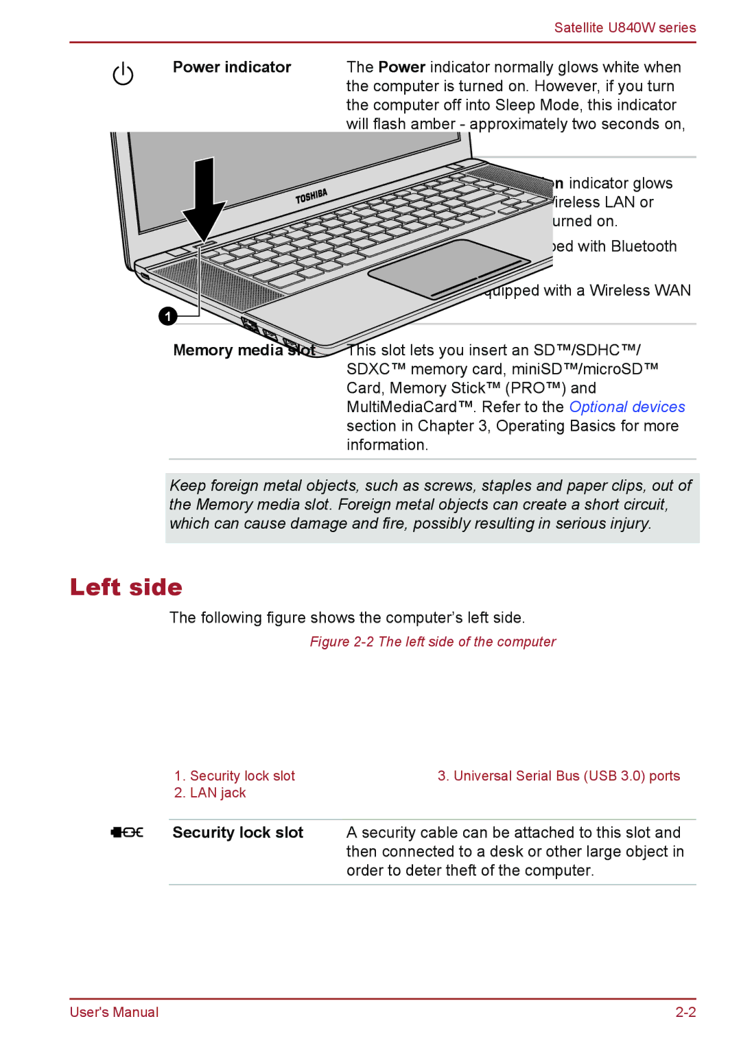 Toshiba Satellite U840W user manual Left side, Power indicator, Indicator, Memory media slot 