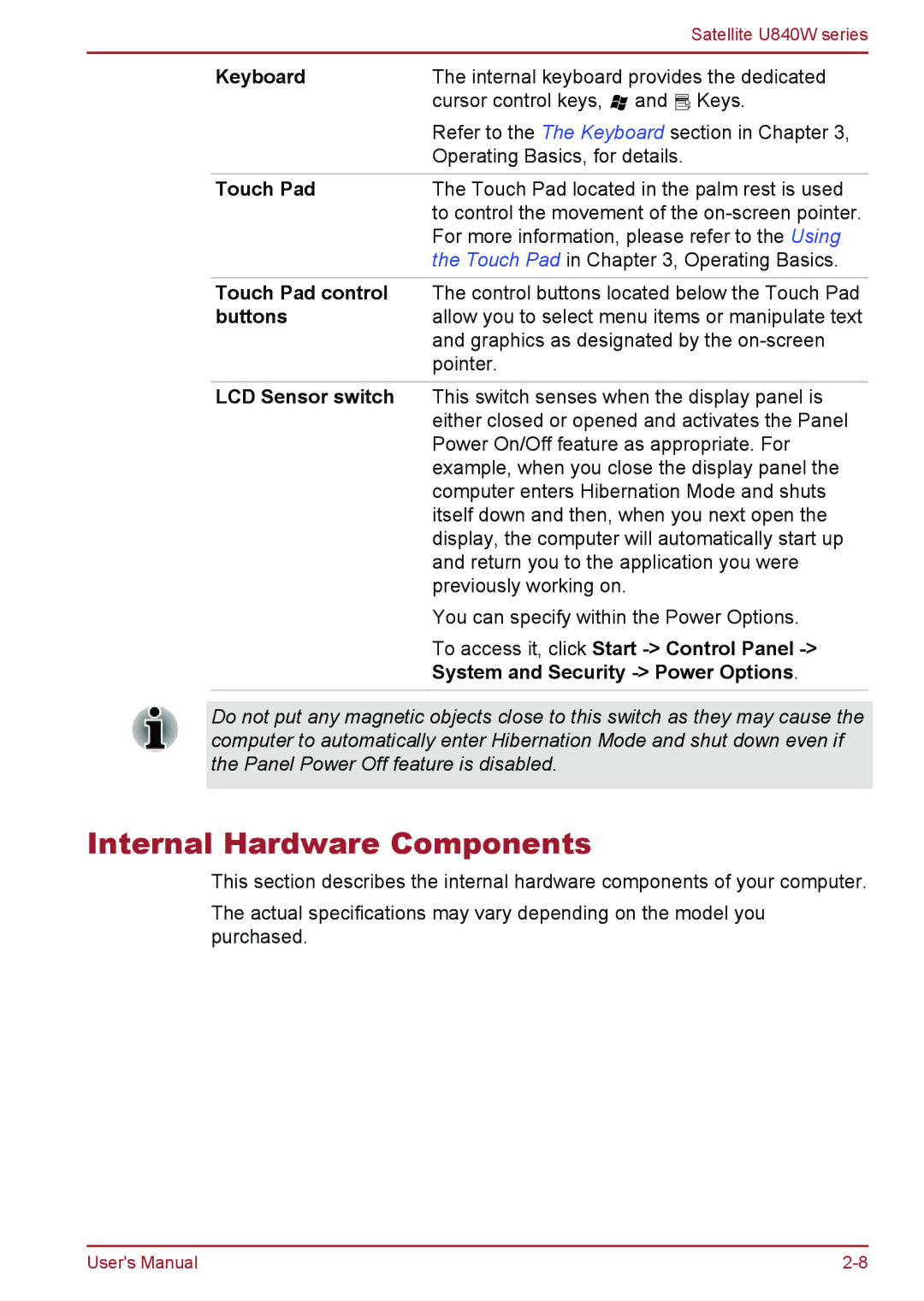 Toshiba Satellite U840W user manual Internal Hardware Components 