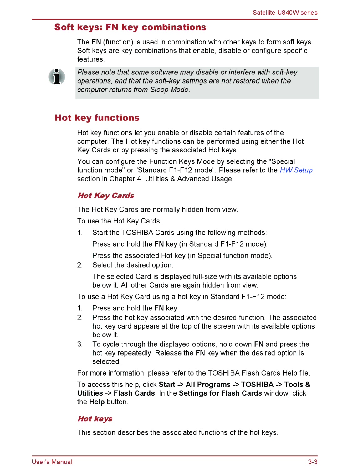 Toshiba Satellite U840W user manual Soft keys FN key combinations, Hot key functions, Hot Key Cards, Hot keys 