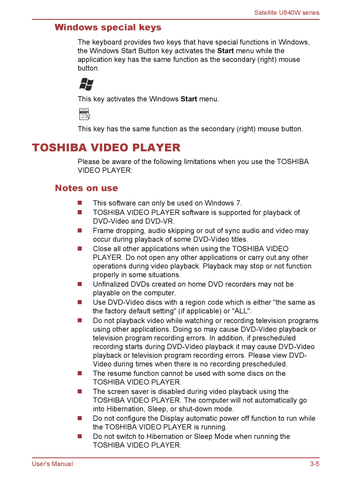 Toshiba Satellite U840W user manual Toshiba Video Player, Windows special keys 