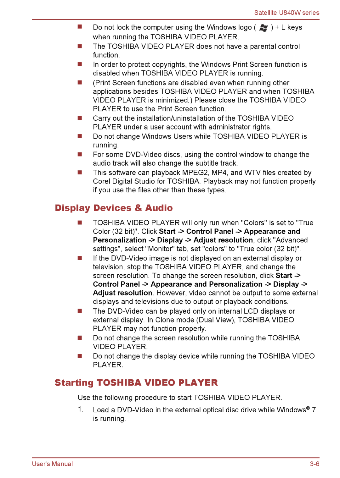 Toshiba Satellite U840W user manual Display Devices & Audio, Starting Toshiba Video Player 