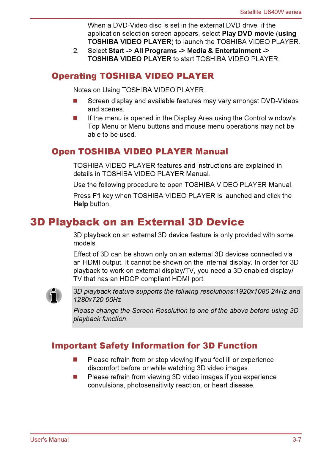 Toshiba Satellite U840W user manual 3D Playback on an External 3D Device, Operating Toshiba Video Player 