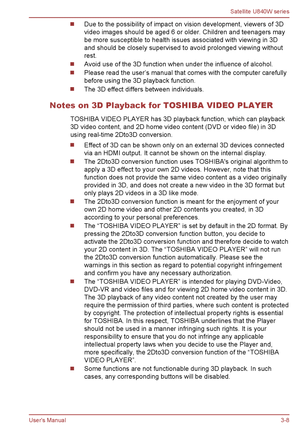 Toshiba user manual Satellite U840W series 