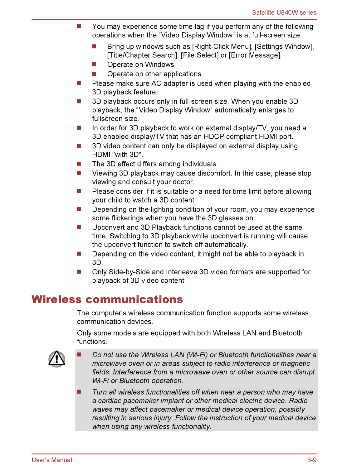 Toshiba Satellite U840W user manual Wireless communications 