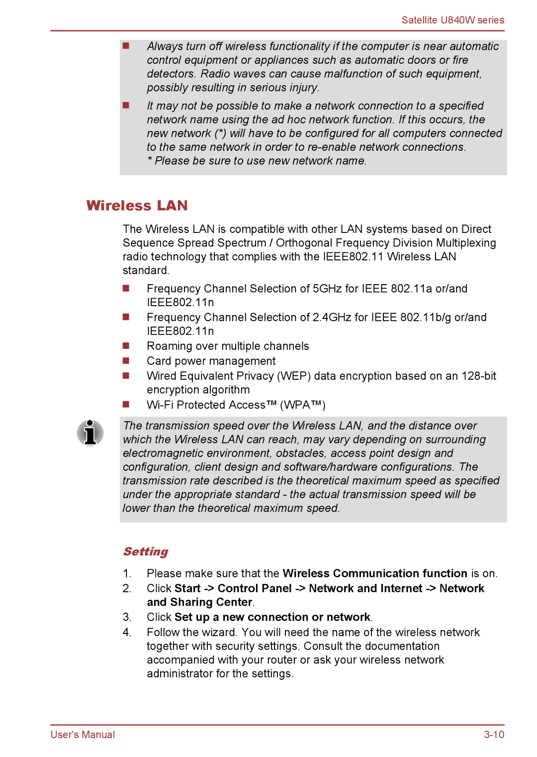 Toshiba Satellite U840W user manual Wireless LAN, Setting 