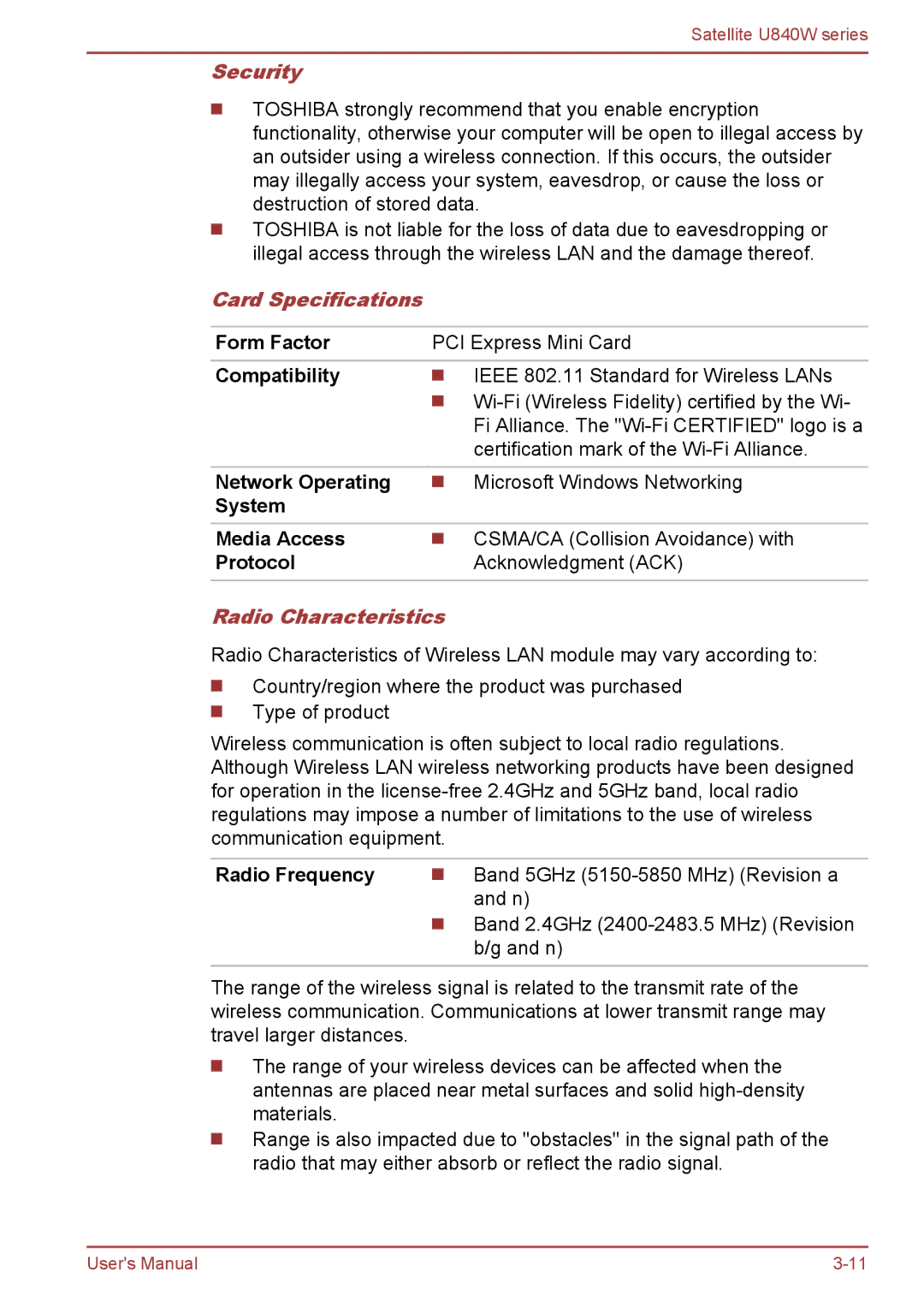 Toshiba Satellite U840W user manual Security, Card Specifications, Radio Characteristics 