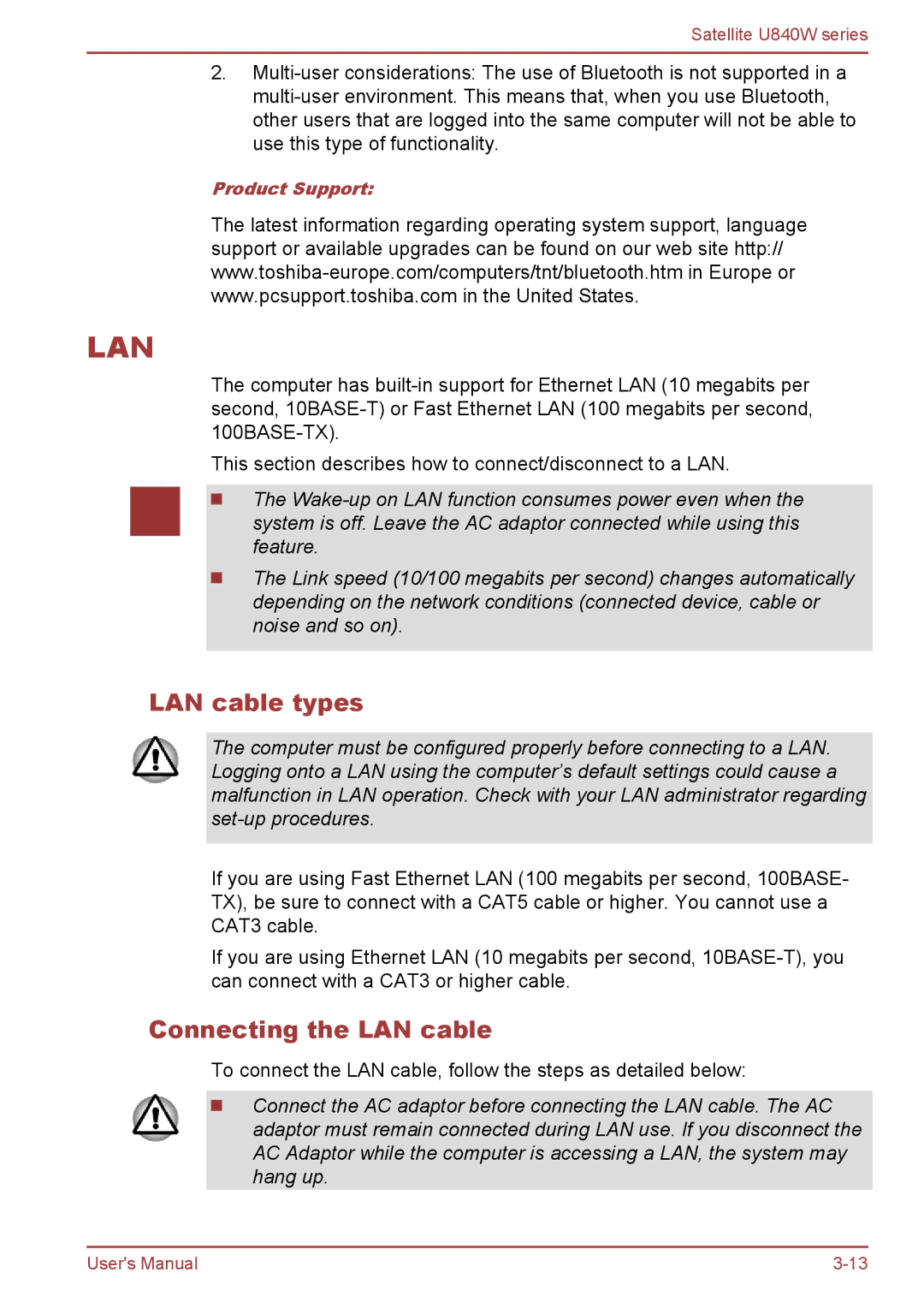 Toshiba Satellite U840W user manual LAN cable types, Connecting the LAN cable 