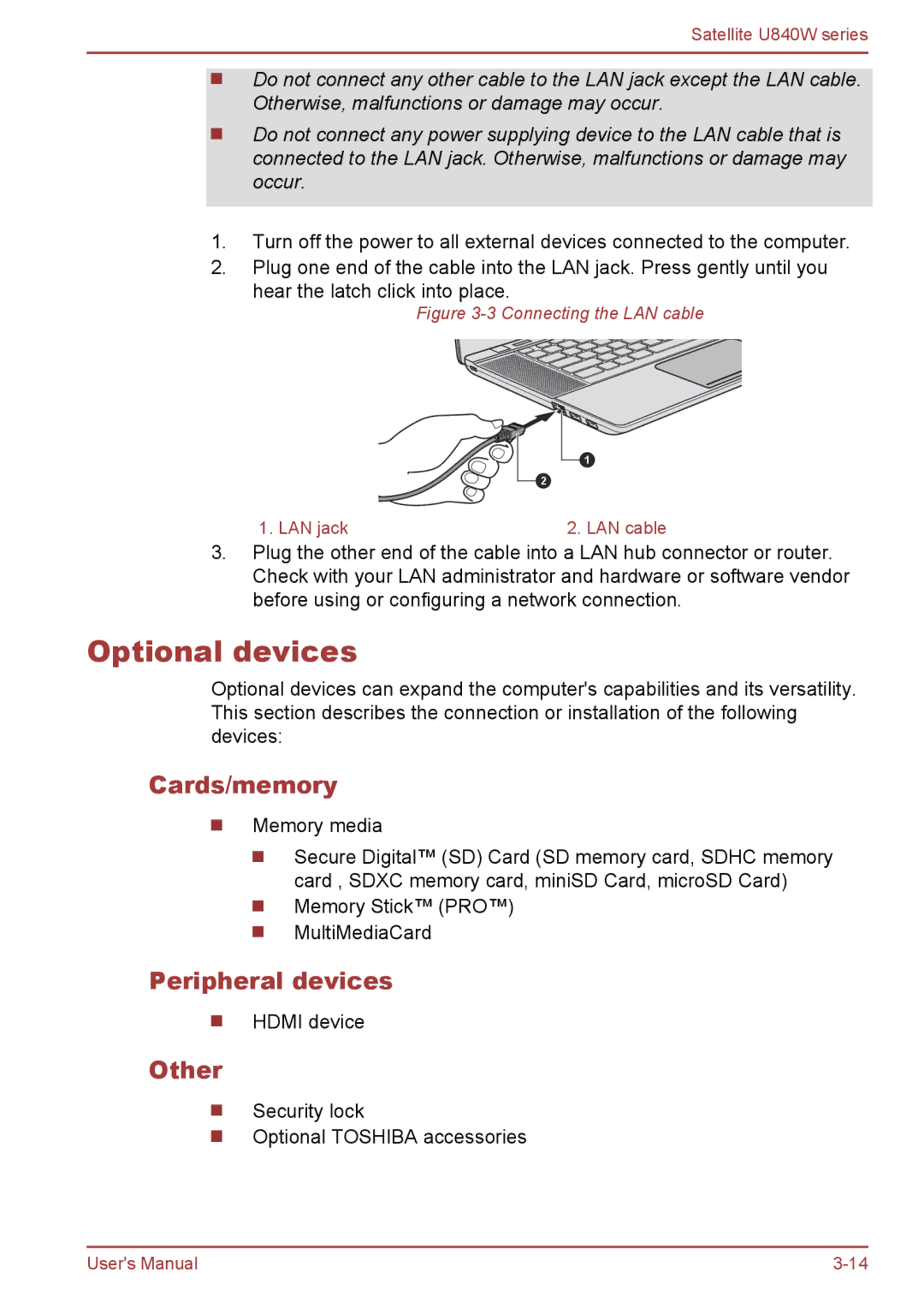 Toshiba Satellite U840W user manual Optional devices, Cards/memory, Peripheral devices, Other 