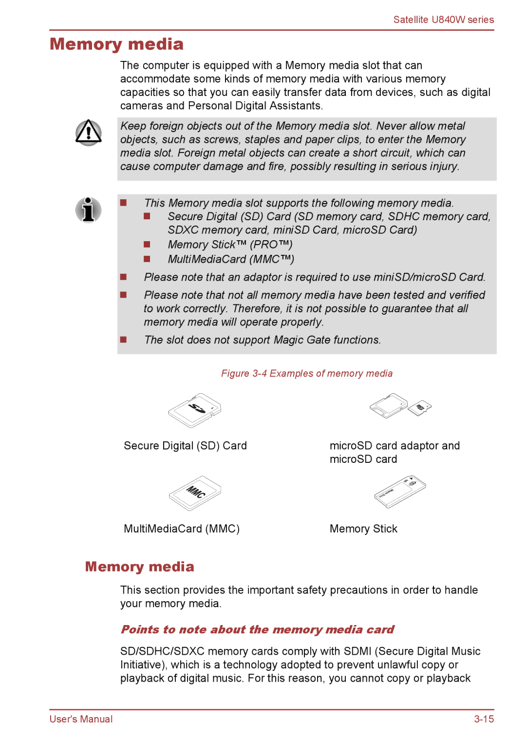 Toshiba Satellite U840W user manual Memory media, Points to note about the memory media card 