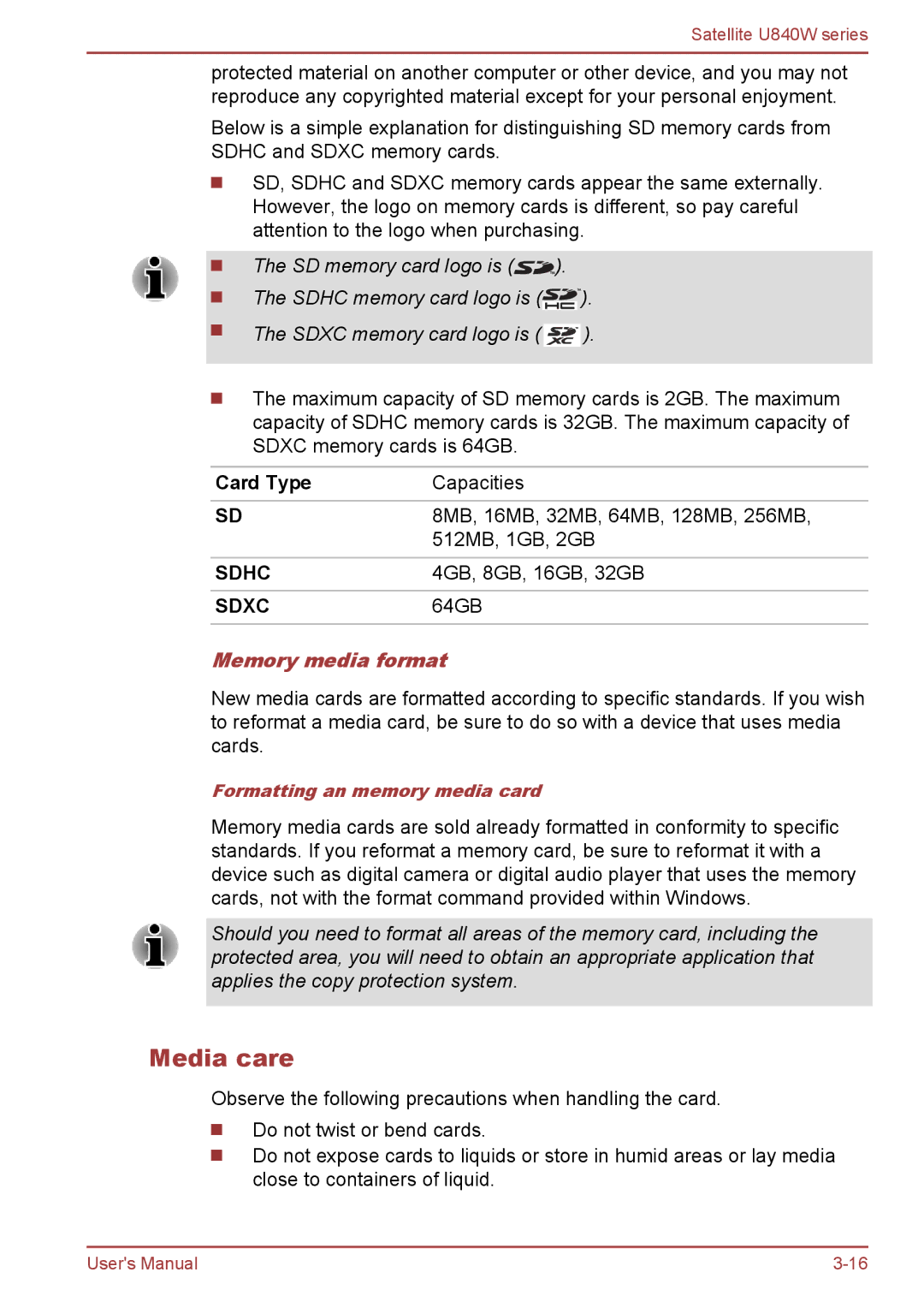 Toshiba Satellite U840W user manual Media care, Card Type, Memory media format 