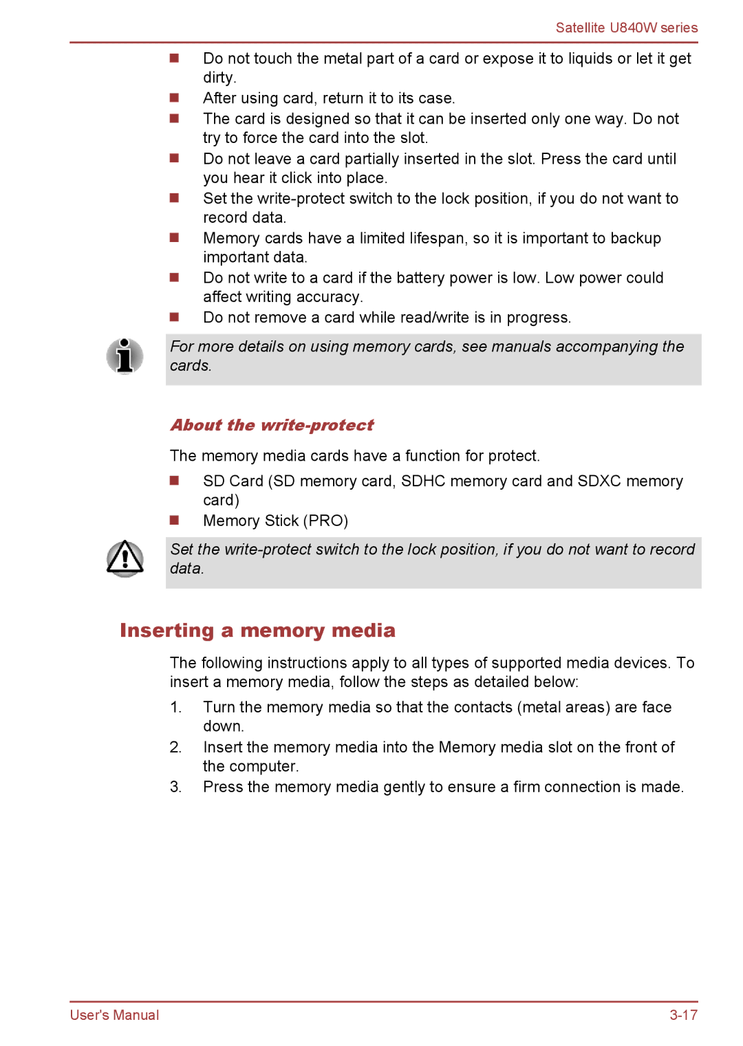 Toshiba Satellite U840W user manual Inserting a memory media, About the write-protect 