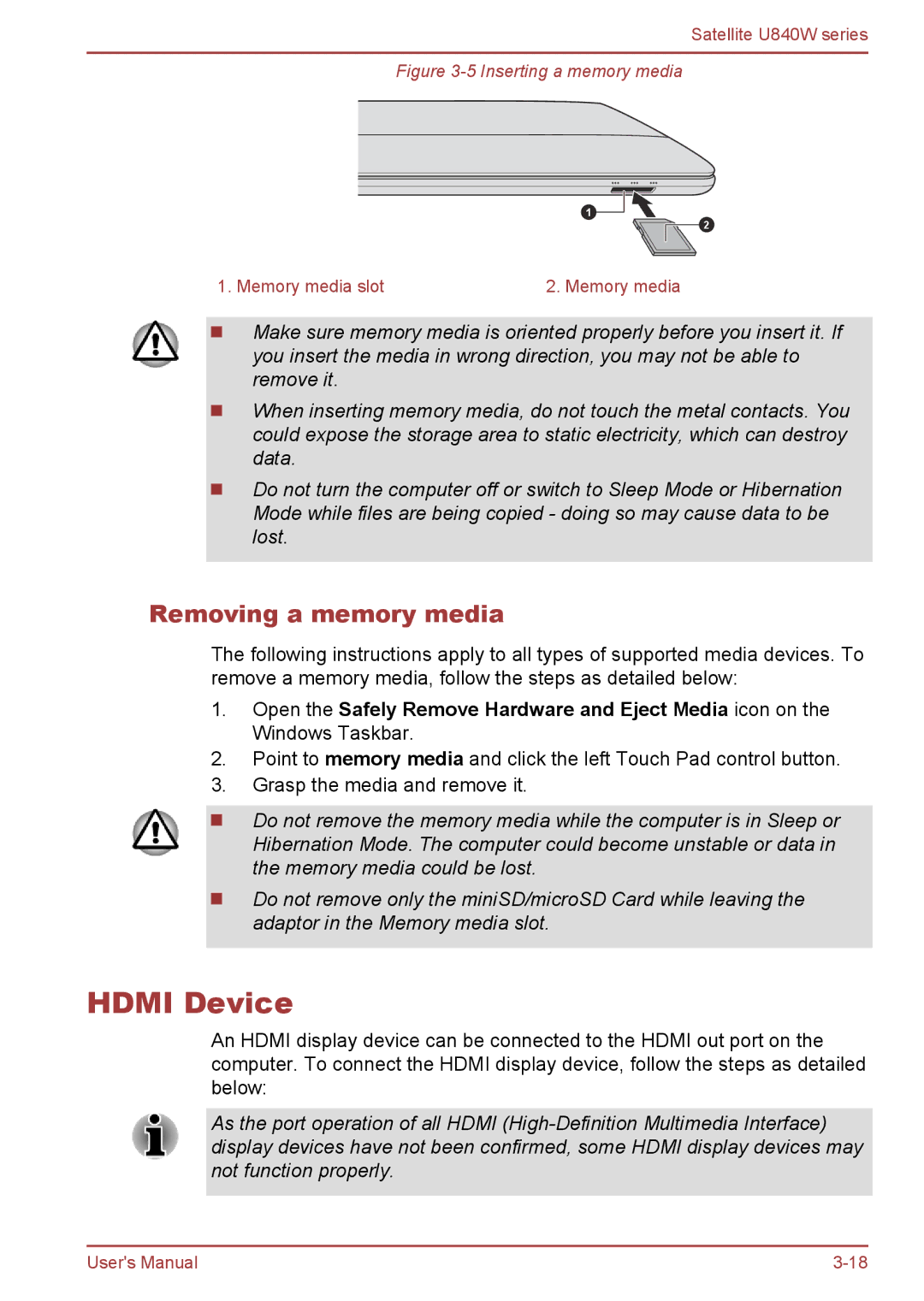 Toshiba Satellite U840W user manual Hdmi Device, Removing a memory media 