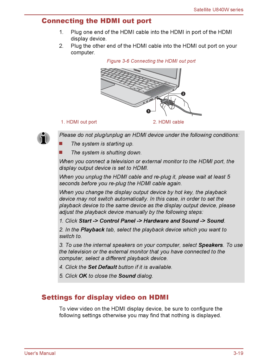 Toshiba Satellite U840W user manual Connecting the Hdmi out port, Settings for display video on Hdmi 