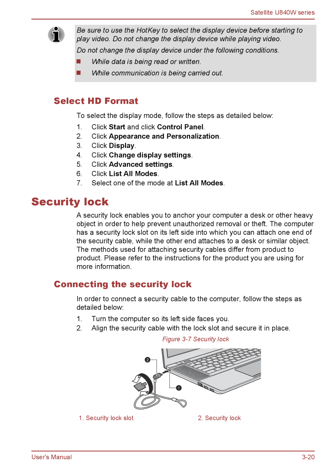 Toshiba Satellite U840W user manual Security lock, Select HD Format, Connecting the security lock 