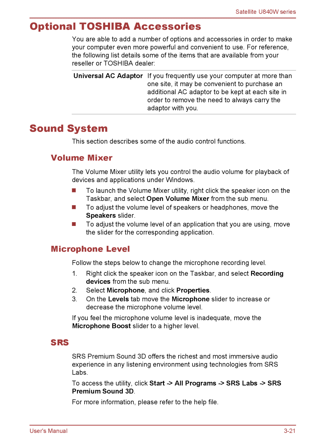 Toshiba Satellite U840W user manual Optional Toshiba Accessories, Sound System, Volume Mixer, Microphone Level 