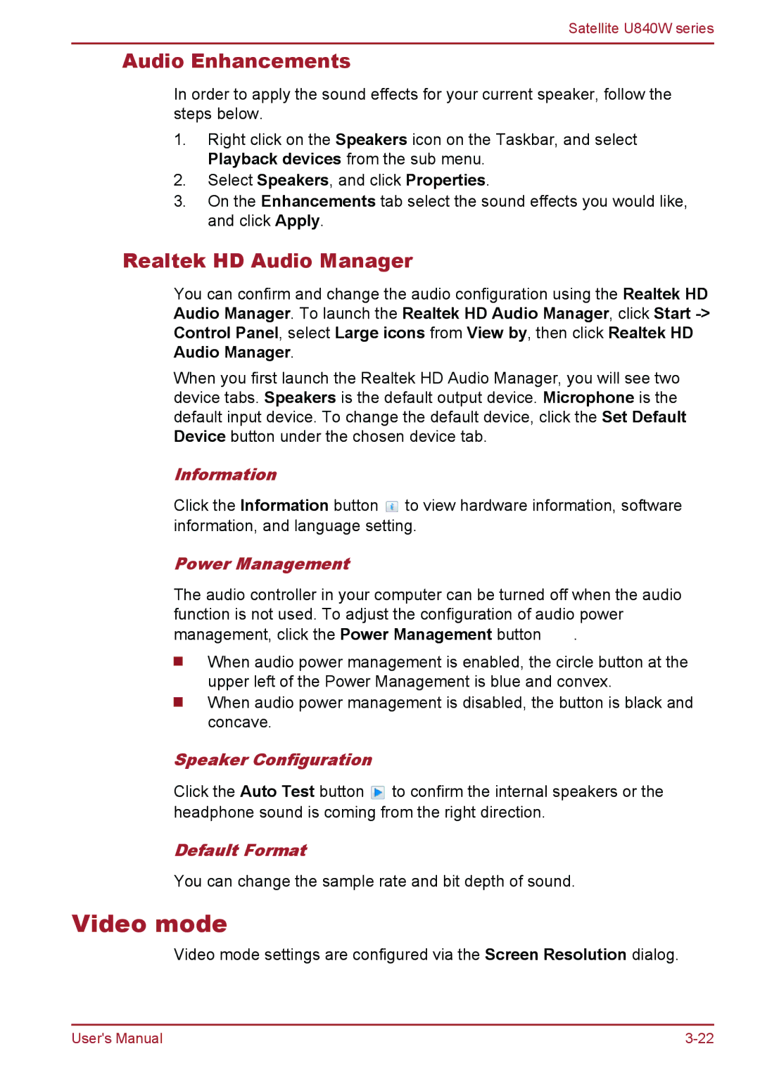 Toshiba Satellite U840W user manual Video mode, Audio Enhancements, Realtek HD Audio Manager 