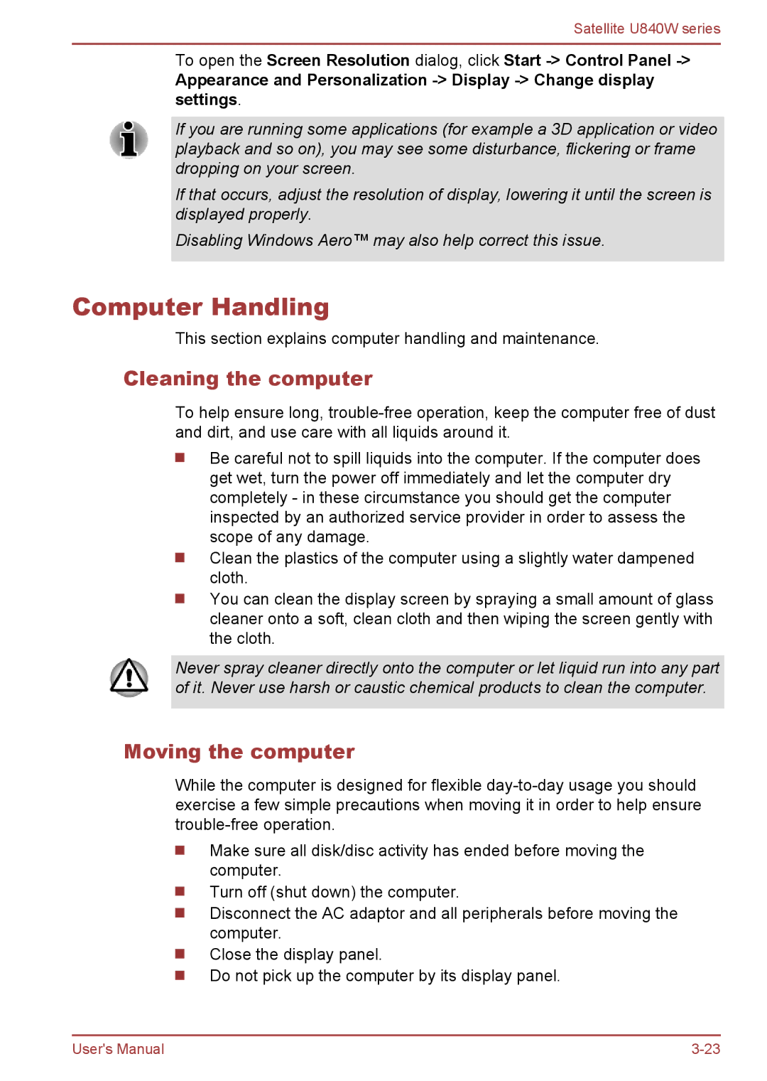 Toshiba Satellite U840W user manual Computer Handling, Cleaning the computer, Moving the computer 