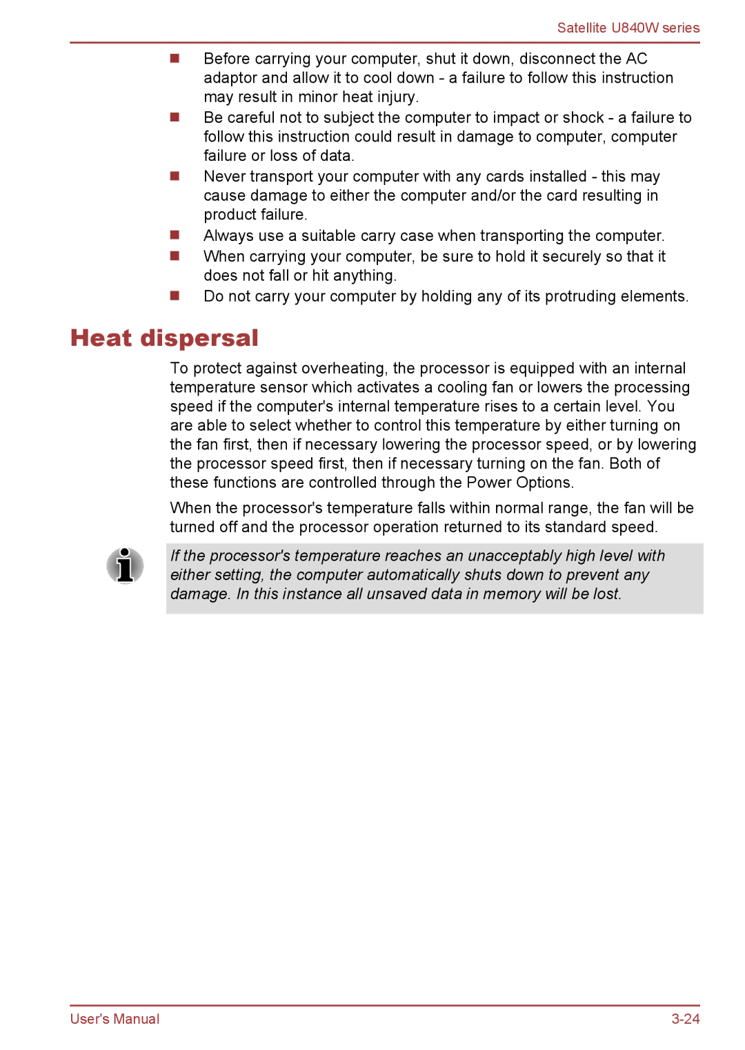 Toshiba Satellite U840W user manual Heat dispersal 