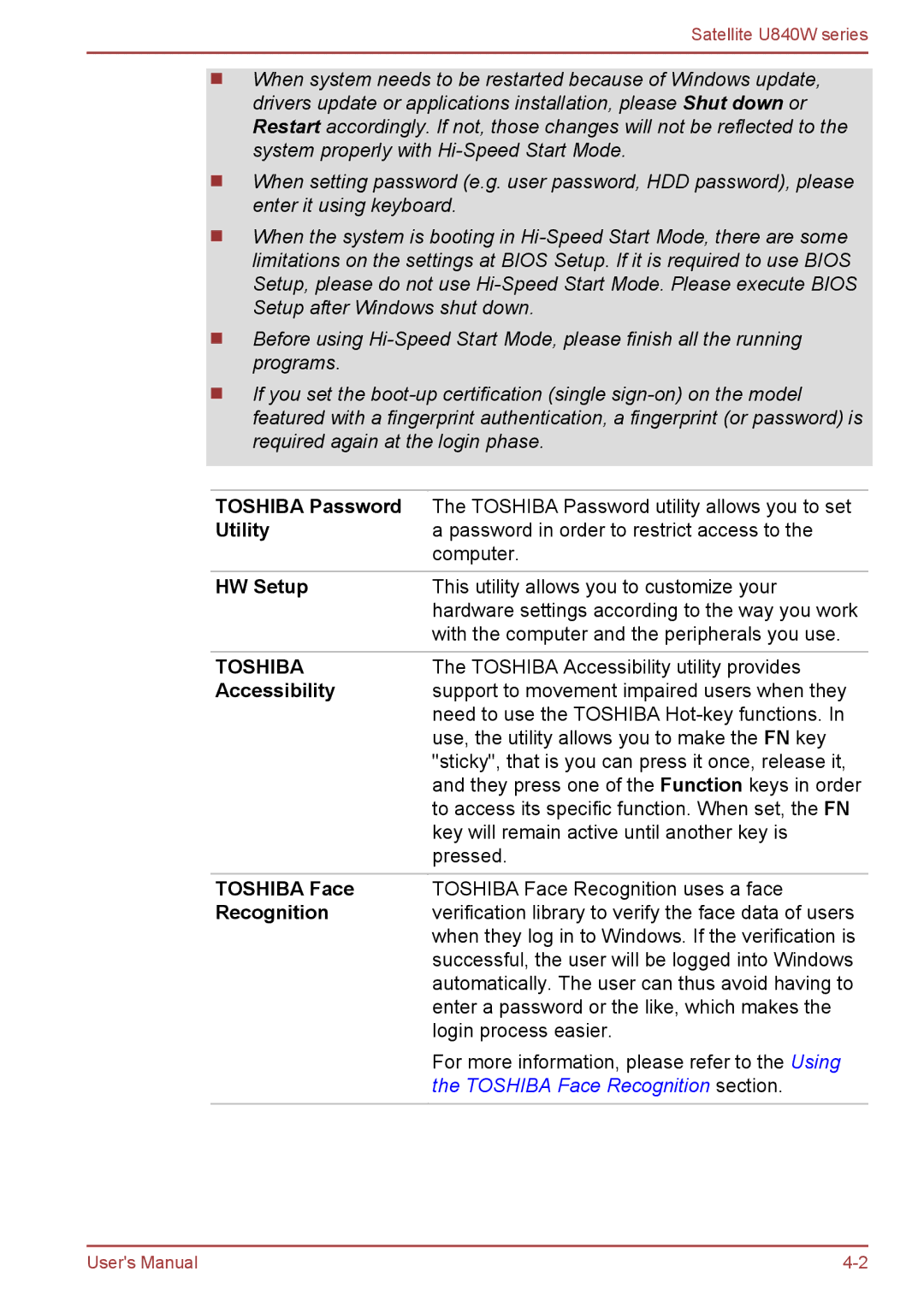 Toshiba Satellite U840W user manual Toshiba Password, Utility, HW Setup, Accessibility, Toshiba Face, Recognition 