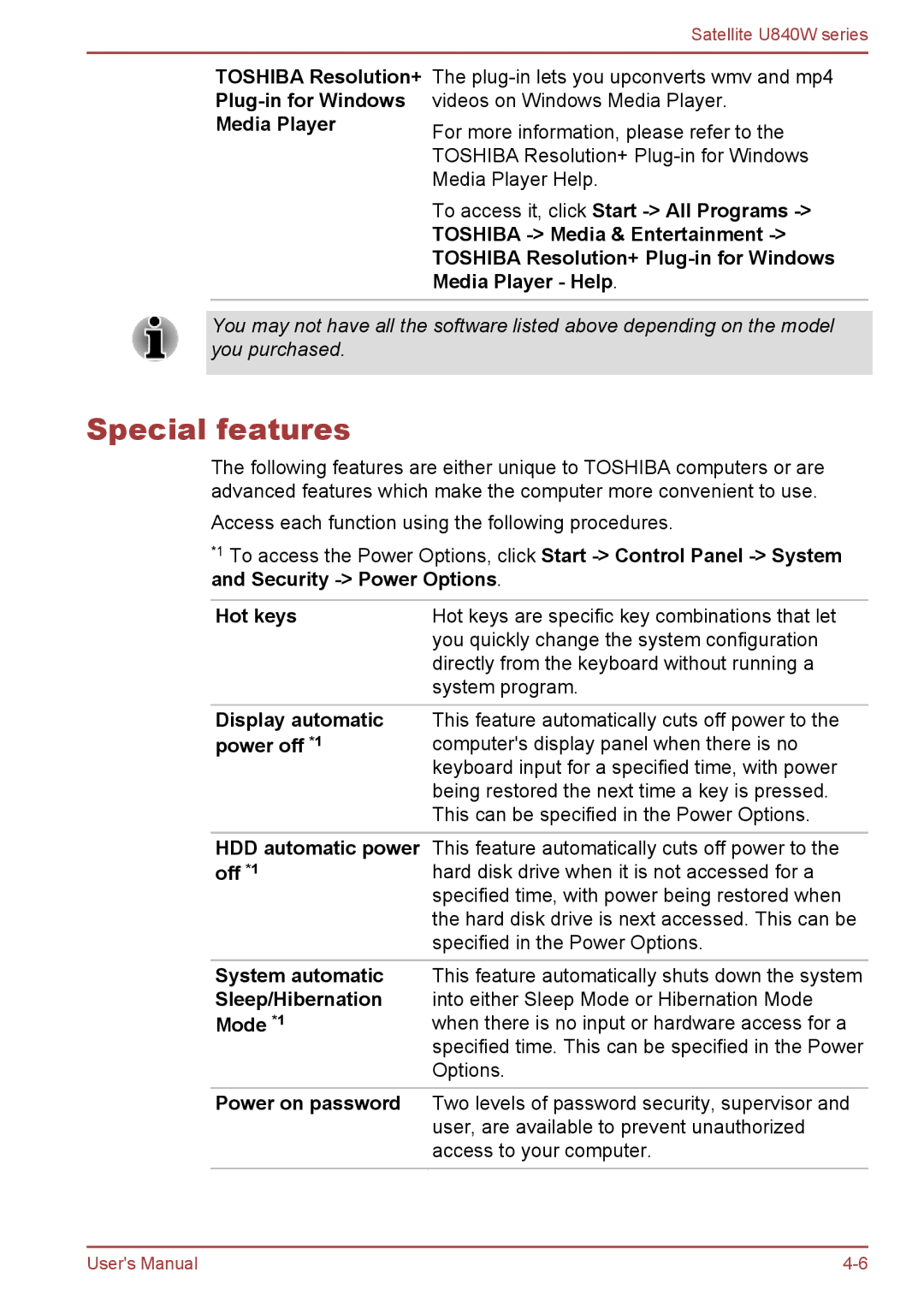 Toshiba Satellite U840W user manual Special features, Toshiba Resolution+ Plug-in for Windows Media Player, Hot keys 