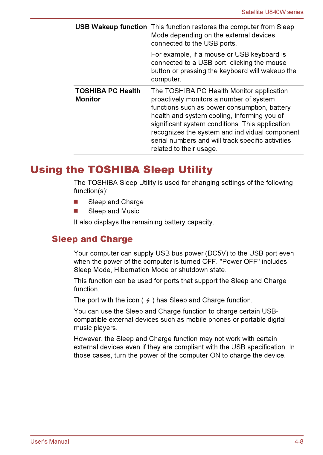 Toshiba Satellite U840W user manual Using the Toshiba Sleep Utility, Sleep and Charge 