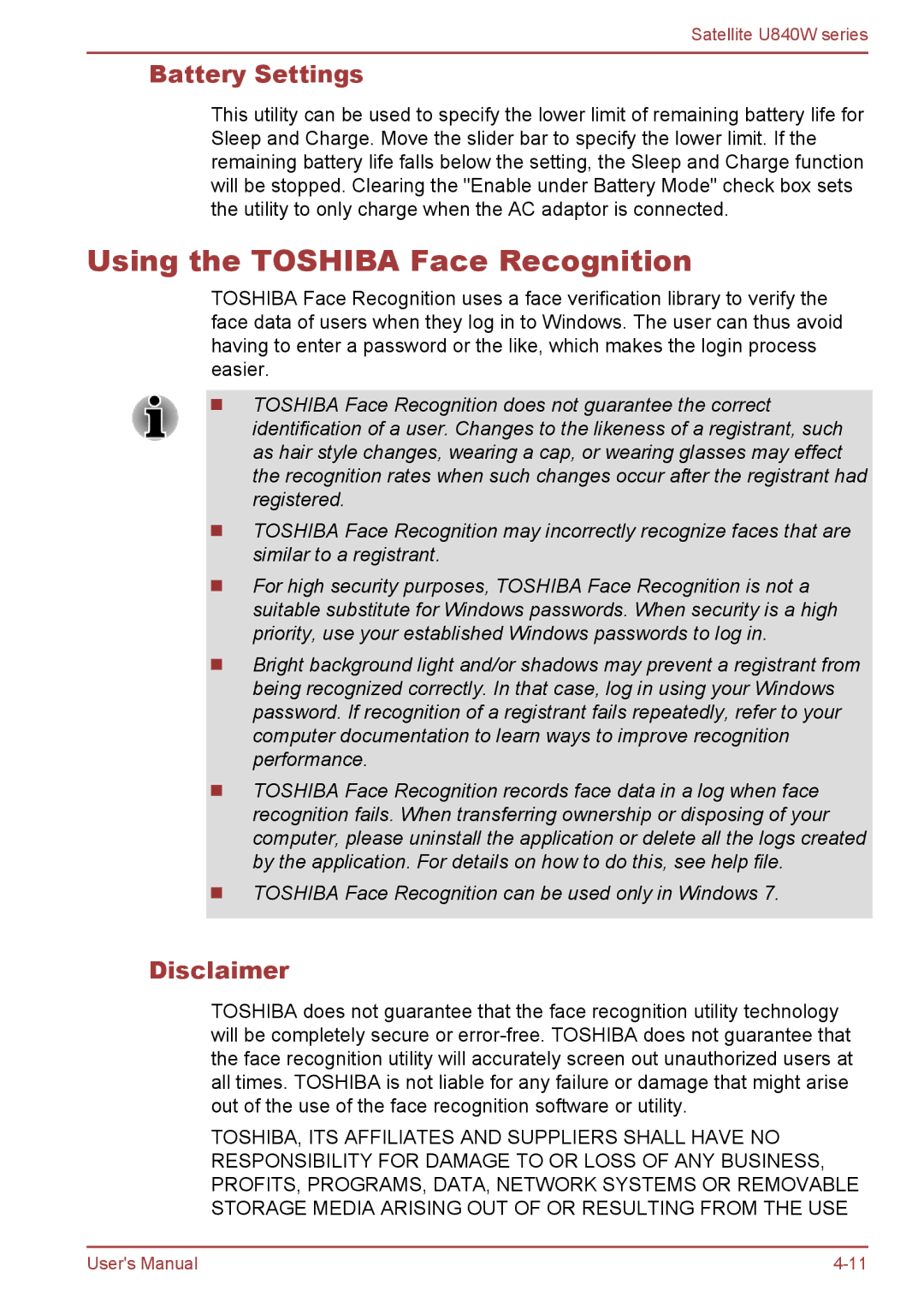 Toshiba Satellite U840W user manual Using the Toshiba Face Recognition, Battery Settings 