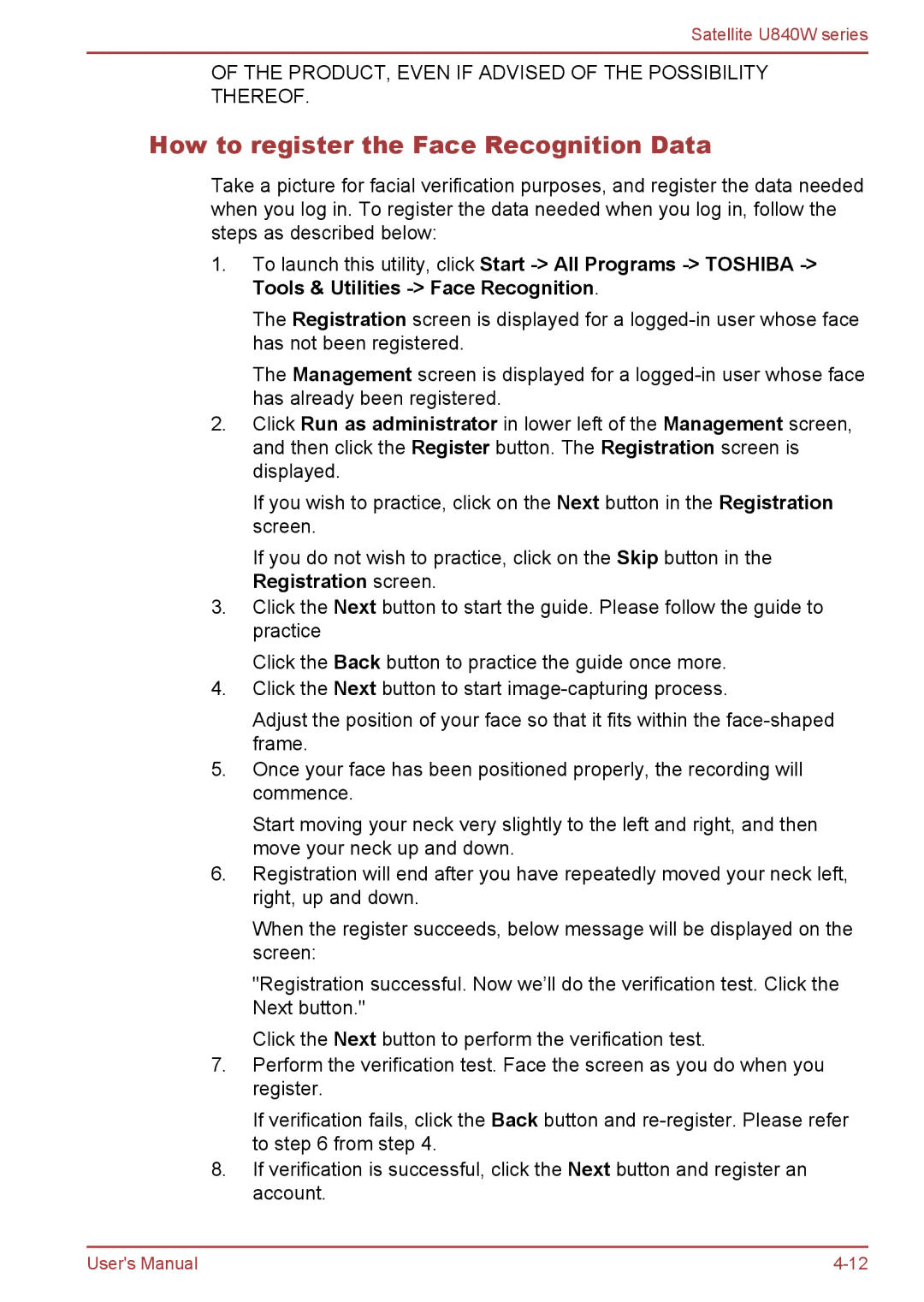 Toshiba Satellite U840W user manual How to register the Face Recognition Data 