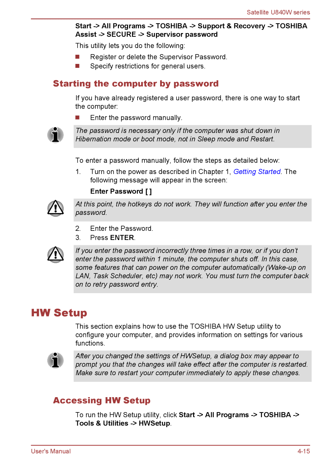 Toshiba Satellite U840W user manual Starting the computer by password, Accessing HW Setup, Enter Password 