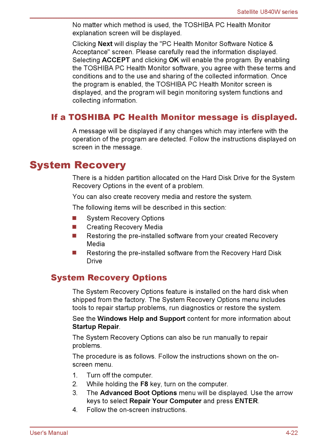 Toshiba Satellite U840W user manual If a Toshiba PC Health Monitor message is displayed, System Recovery Options 