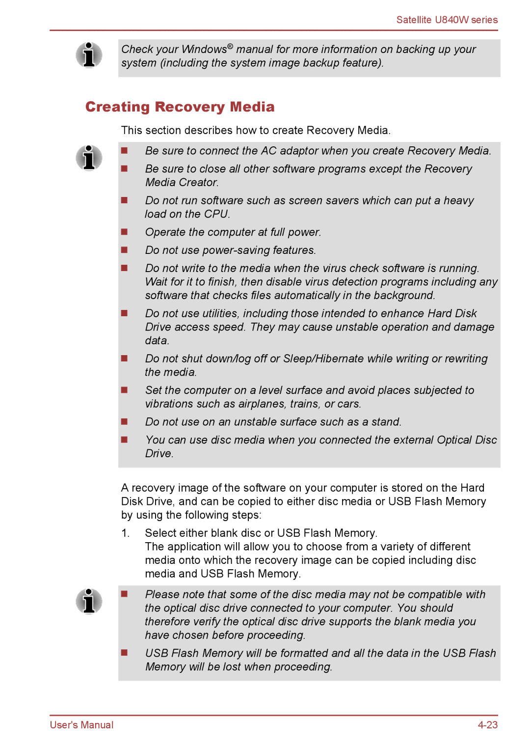 Toshiba Satellite U840W user manual Creating Recovery Media 