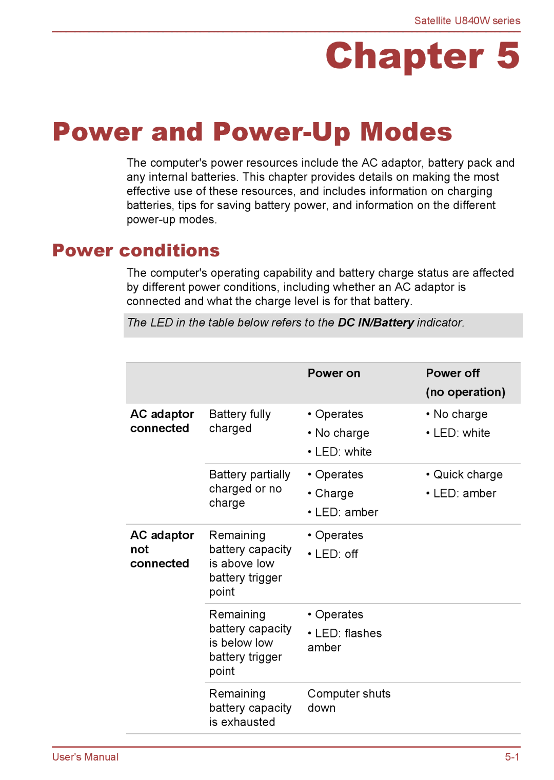 Toshiba Satellite U840W Power and Power-Up Modes, Power conditions, Power on Power off No operation AC adaptor, Connected 