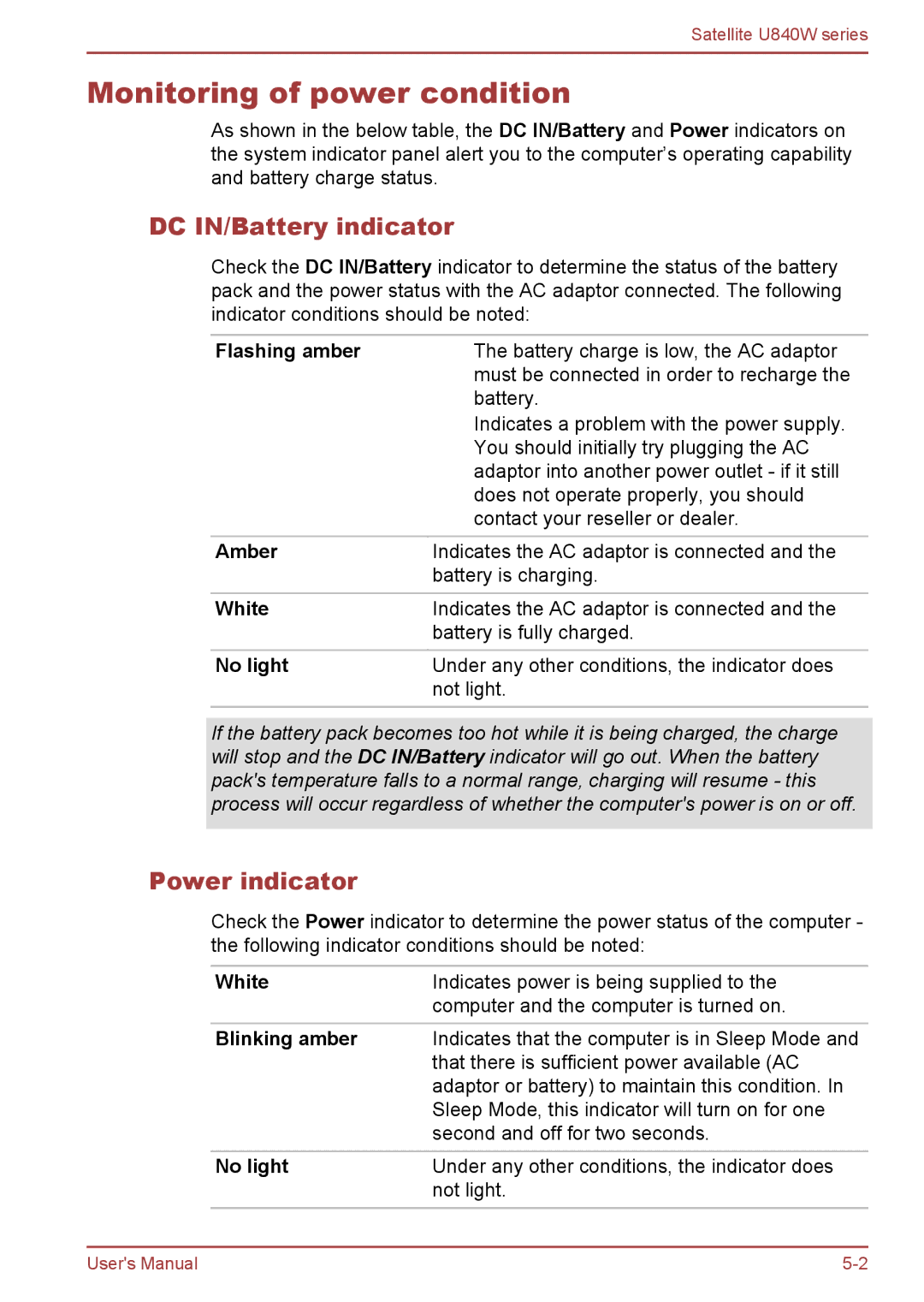 Toshiba Satellite U840W user manual Monitoring of power condition, DC IN/Battery indicator, Power indicator 