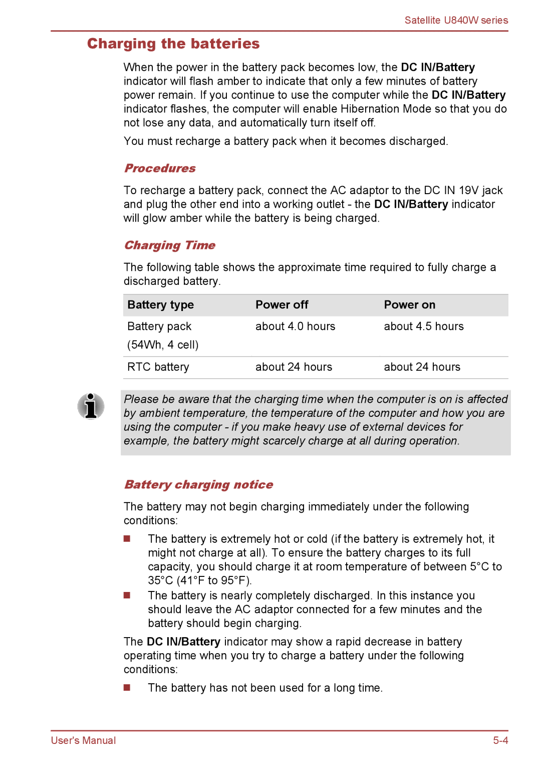 Toshiba Satellite U840W user manual Charging the batteries, Procedures, Charging Time, Battery type Power off Power on 