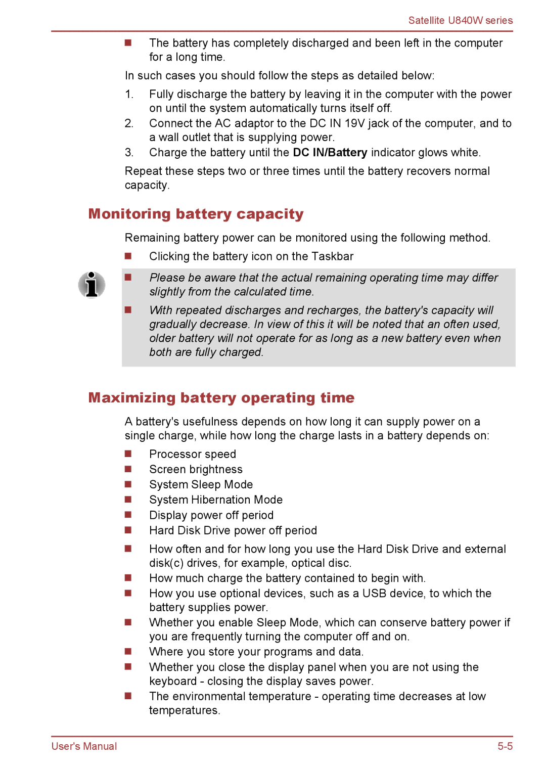 Toshiba Satellite U840W user manual Monitoring battery capacity, Maximizing battery operating time 