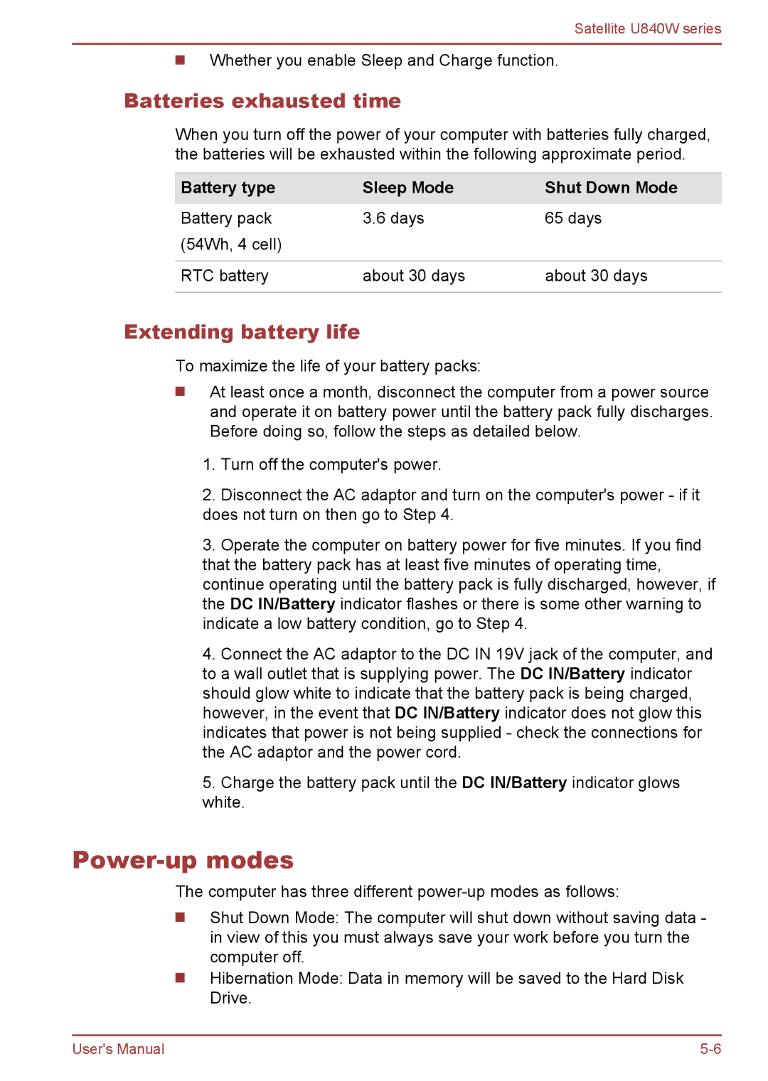 Toshiba Satellite U840W user manual Power-up modes, Batteries exhausted time, Extending battery life 