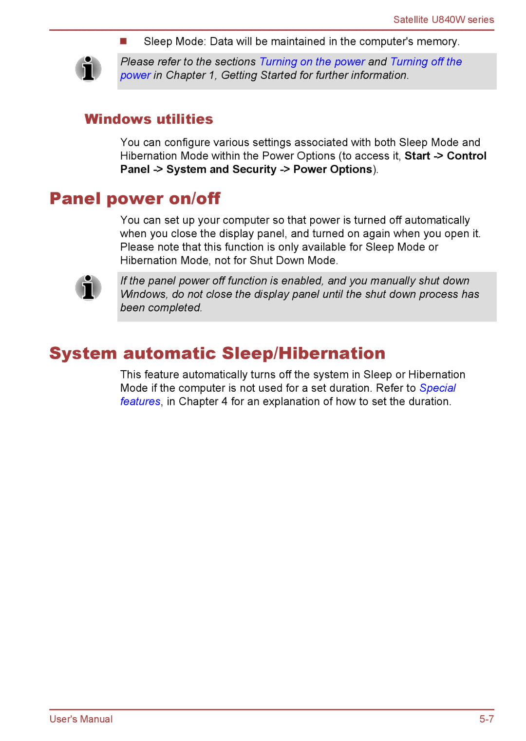 Toshiba Satellite U840W user manual Panel power on/off, System automatic Sleep/Hibernation, Windows utilities 