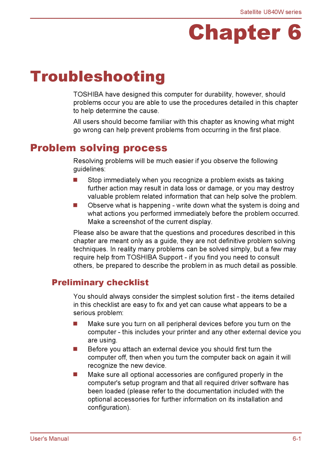 Toshiba Satellite U840W user manual Troubleshooting, Problem solving process, Preliminary checklist 