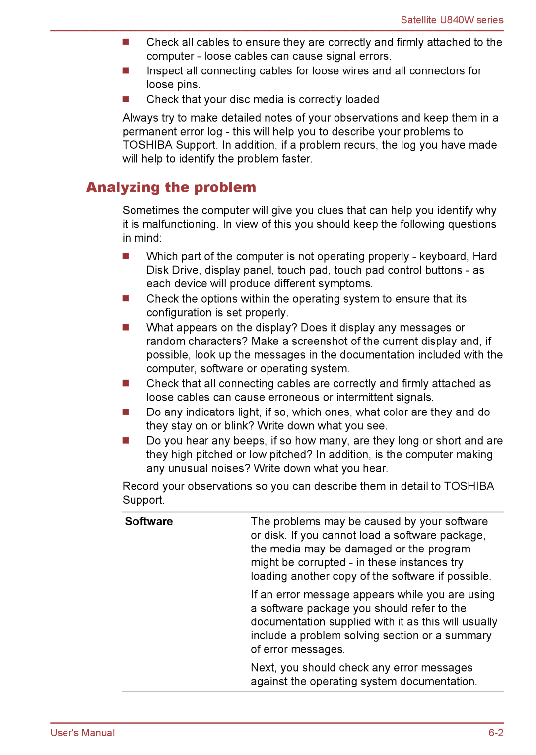 Toshiba Satellite U840W user manual Analyzing the problem, Software 