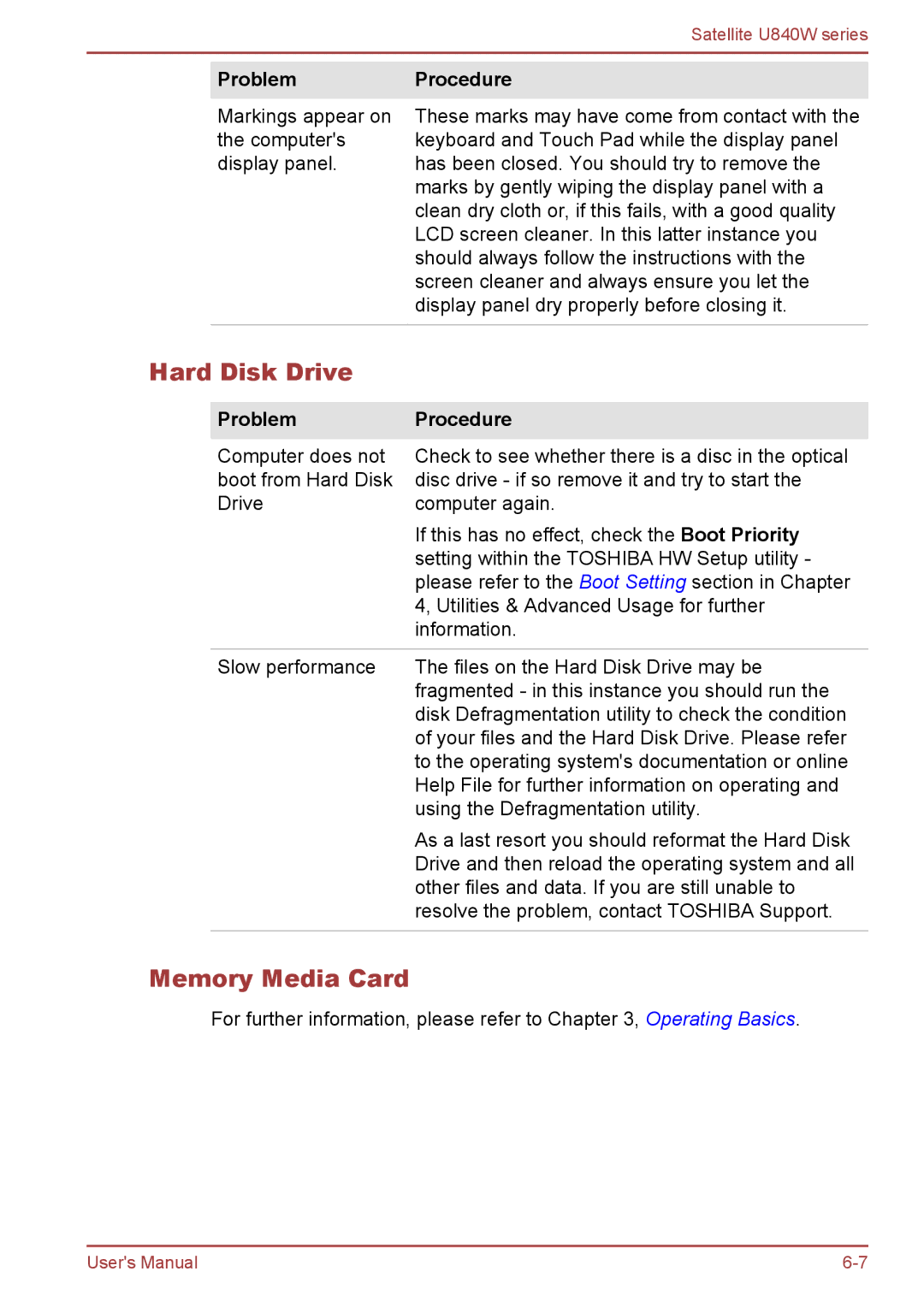 Toshiba Satellite U840W user manual Hard Disk Drive, Memory Media Card 